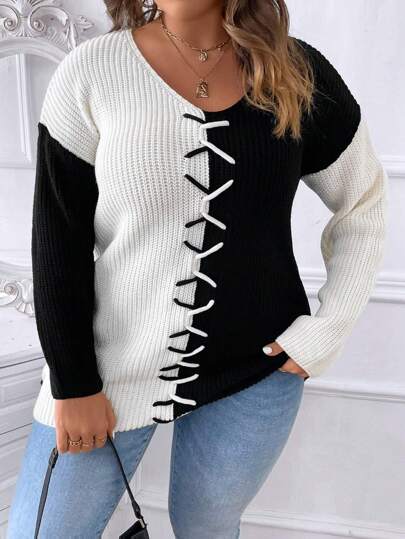 SHEIN LUNE Plus Two Tone Lace Up Front Drop Shoulder Sweater Knit Pullover Fall Winter Sweater