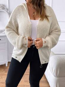 SHEIN Clasi Hơn Thả vai áo có mũ Áo len Mở - Màu be - Xem 1