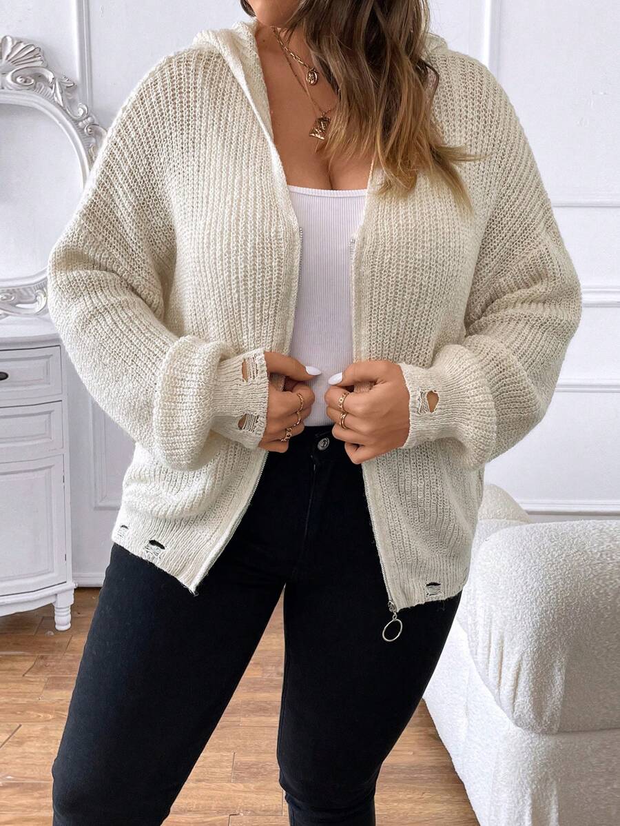 SHEIN Clasi Hơn Thả vai áo có mũ Áo len Mở - Màu be - Xem 1