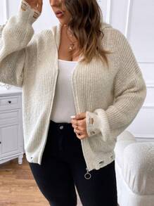 SHEIN Clasi Hơn Thả vai áo có mũ Áo len Mở - Màu be - Xem 4