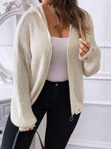 SHEIN Clasi Hơn Thả vai áo có mũ Áo len Mở - Màu be - Xem 3