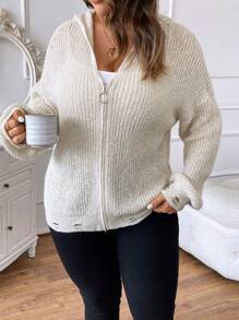 SHEIN Clasi Hơn Thả vai áo có mũ Áo len Mở - Màu be - Xem 5