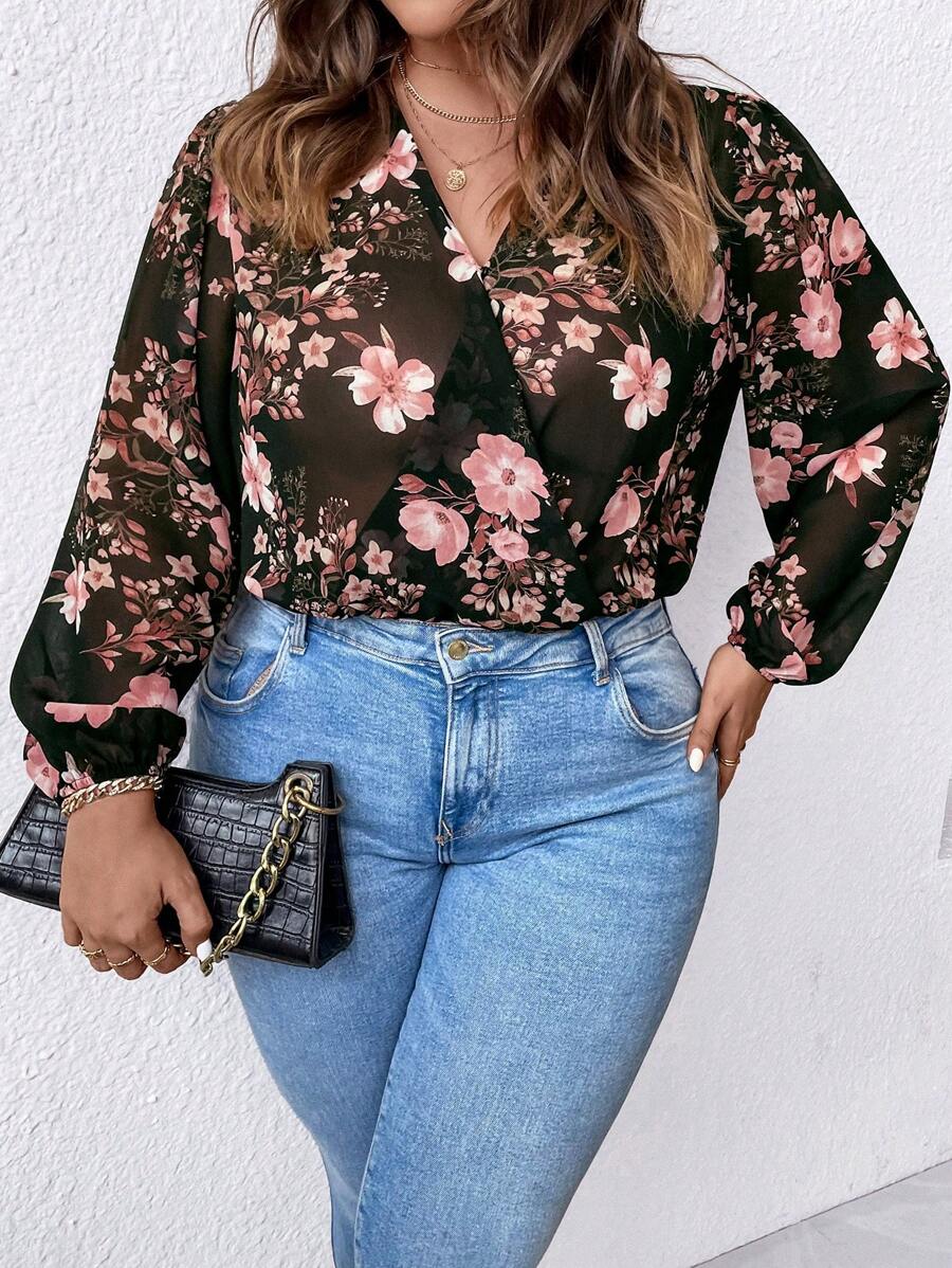 SHEIN LUNE 大碼印花燈籠袖連身背心