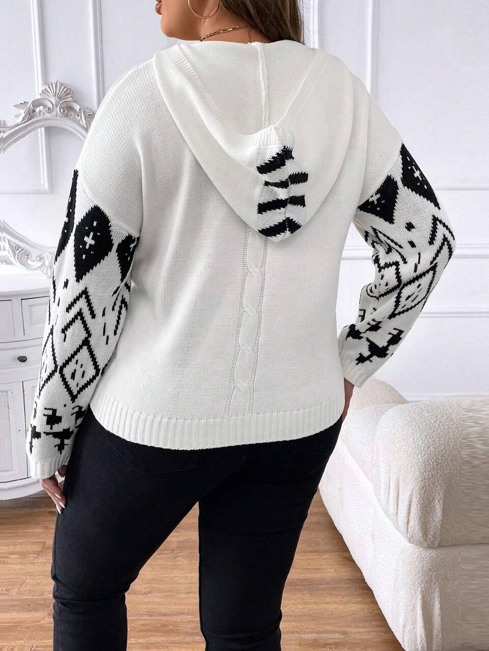 Plus Geo Pattern Drop Shoulder Hooded Sweater Knit Pullover Fall Winter Sweater