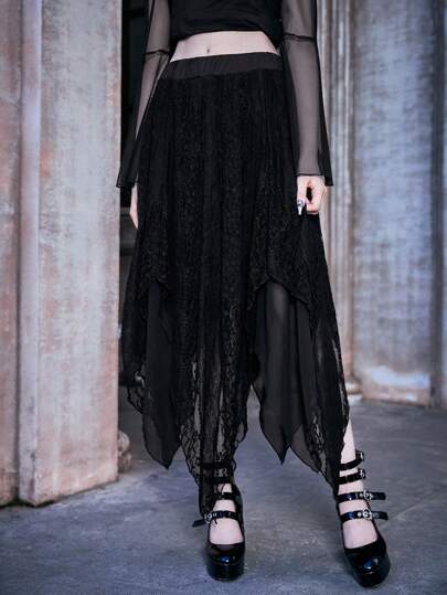 Goth Contrast Lace Asymmetrical Hem Skirt