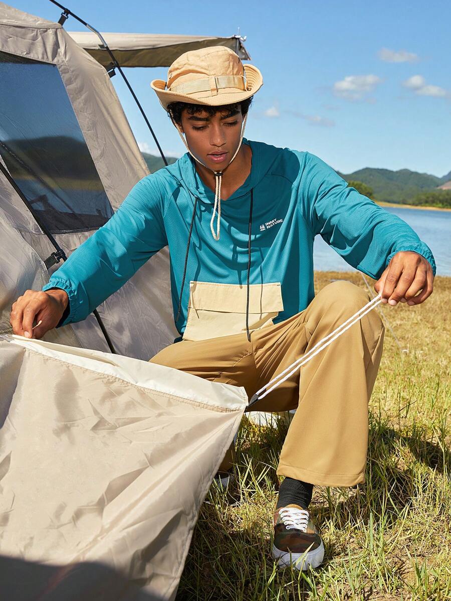 SHEIN In My Nature Men Letter Graphic Drawstring Outdoor Hoodie - Blue - View 1