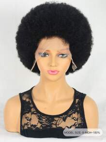 Encaje transparente Afro Kinky Curly 13 X 4 Cierre de encaje Peluca de cabello humano corto # 1B Cabello Remy prearrancado para mujeres - Natural Black - Ver 7