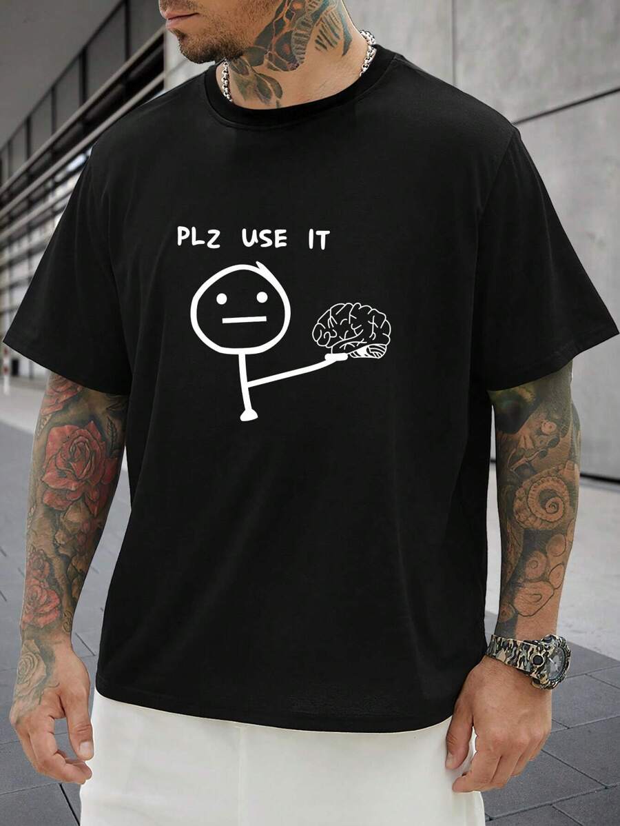 Manfinity Homme Men Plus Size Regular Cartoon & Slogan Graphic Short Sleeve Tee, For Going Out