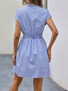 SHEIN Privé Striped Print Twist Front Shirt Dress - Blue - View 2