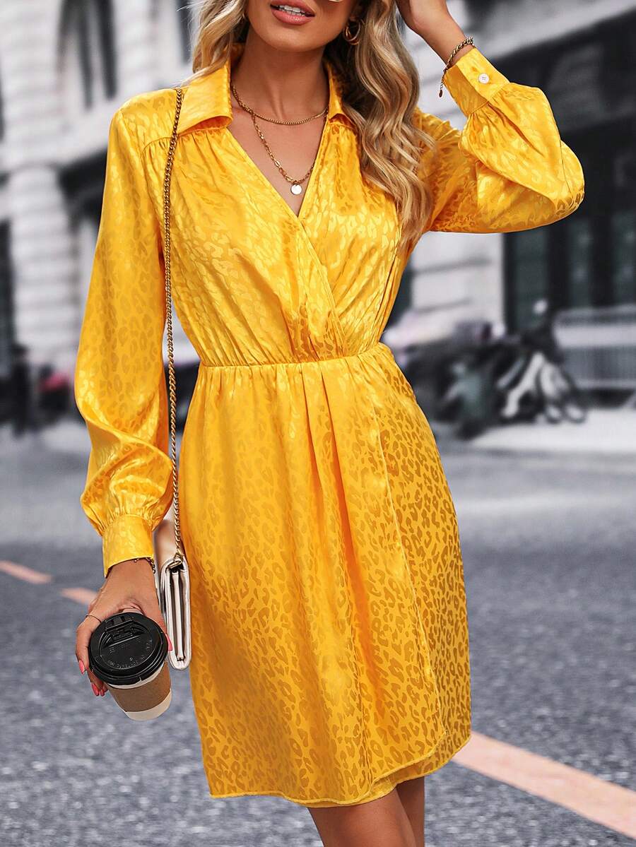 SHEIN Clasi 豹紋提花交疊領燈籠袖連衣裙 - 黃色 - 查看 1