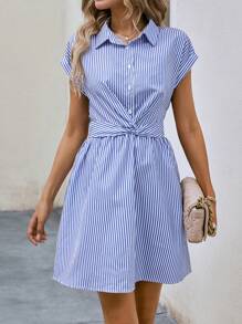 SHEIN Privé Striped Print Twist Front Shirt Dress - Blue - View 3