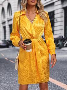 SHEIN Clasi 豹紋提花交疊領燈籠袖連衣裙 - 黃色 - 查看 4