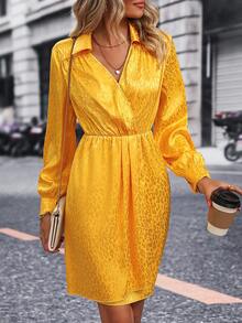 SHEIN Clasi 豹紋提花交疊領燈籠袖連衣裙 - 黃色 - 查看 5