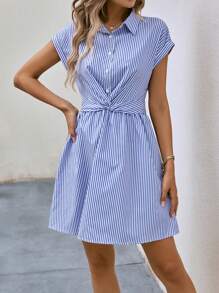 SHEIN Privé Striped Print Twist Front Shirt Dress - Blue - View 6