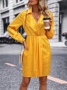 SHEIN Clasi 豹紋提花交疊領燈籠袖連衣裙 - 黃色 - 查看 6