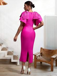Pearls Beaded Butterfly Sleeve Split Back Bodycon Dress - Hot Pink - View 2