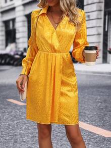 SHEIN Clasi 豹紋提花交疊領燈籠袖連衣裙 - 黃色 - 查看 7