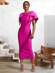 Pearls Beaded Butterfly Sleeve Split Back Bodycon Dress - Hot Pink - View 6