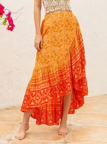 Rusttydustty Bohemian Women's Black Random Flower Print Asymmetric Beach Skirt Music Festival - Orange - View 1