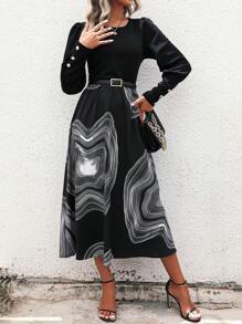 SHEIN LUNE 圖案印花A字連衣裙不附腰帶 - 黑色 - 查看 5