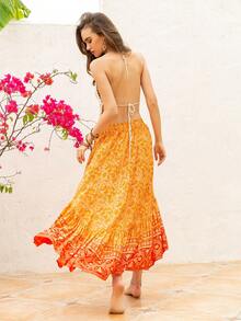 Rusttydustty Bohemian Women's Black Random Flower Print Asymmetric Beach Skirt Music Festival - Orange - View 2