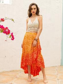 Rusttydustty Bohemian Women's Black Random Flower Print Asymmetric Beach Skirt Music Festival - Orange - View 3