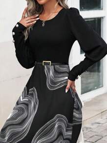 SHEIN LUNE 圖案印花A字連衣裙不附腰帶 - 黑色 - 查看 6