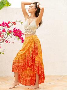 Rusttydustty Bohemian Women's Black Random Flower Print Asymmetric Beach Skirt Music Festival - Orange - View 4