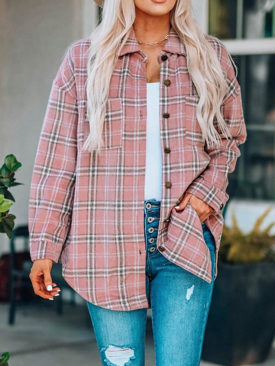 格子呢圖案落肩袖襯衫 - 粉色 - 查看 1