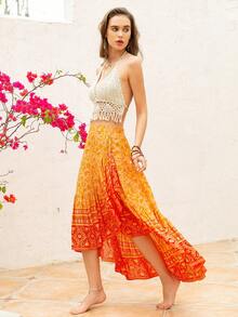 Rusttydustty Bohemian Women's Black Random Flower Print Asymmetric Beach Skirt Music Festival - Orange - View 5