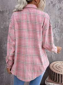 格子呢圖案落肩袖襯衫 - 粉色 - 查看 2