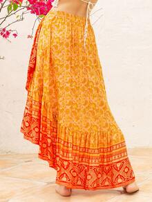 Rusttydustty Bohemian Women's Black Random Flower Print Asymmetric Beach Skirt Music Festival - Orange - View 6