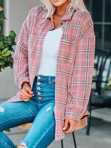 格子呢圖案落肩袖襯衫 - 粉色 - 查看 3