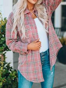 格子呢圖案落肩袖襯衫 - 粉色 - 查看 4