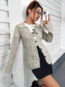 SHEIN Unity Cárdigan desgarro con botón delantero - Gris - Ver 1