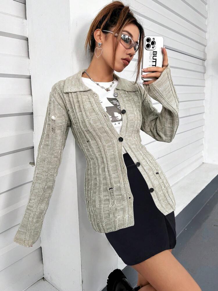 Ripped Button Front Cardigan