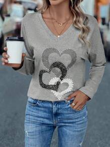 Chiquease Heart Print Batwing Sleeve Tee - Grey - View 1