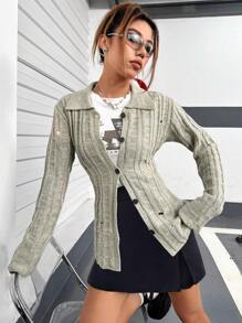 SHEIN Unity Cárdigan desgarro con botón delantero - Gris - Ver 3