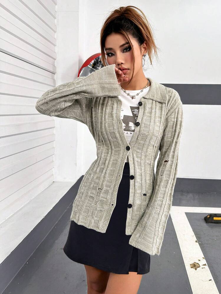 Ripped Button Front Cardigan