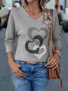 Chiquease Heart Print Batwing Sleeve Tee - Grey - View 4