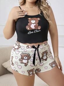Plus Bear & Heart Print Cami Top & Shorts PJ Set - Multicolor - View 5