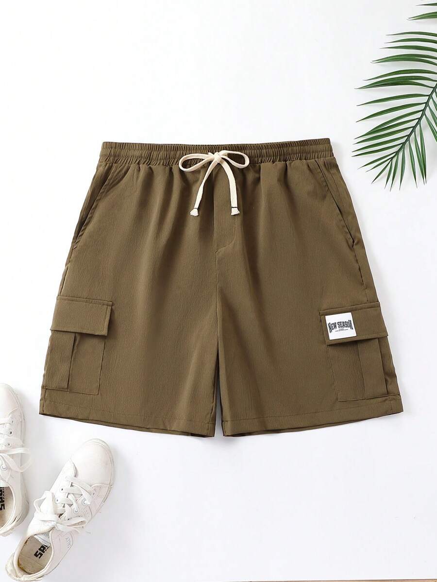Manfinity Men Letter Patched Detail Flap Pocket Drawstring Waist Cargo Shorts - Army Green - View 1