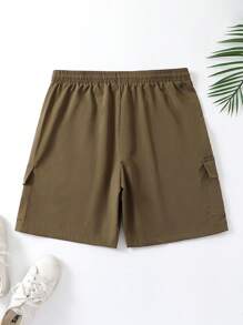 Manfinity Men Letter Patched Detail Flap Pocket Drawstring Waist Cargo Shorts - Army Green - View 2
