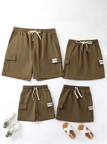 Manfinity Men Letter Patched Detail Flap Pocket Drawstring Waist Cargo Shorts - Army Green - View 4