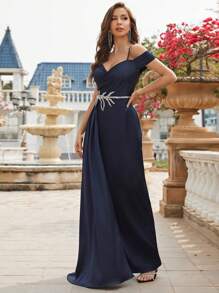 Cold Shoulder Rhinestone Detail Wrap Hem Bridesmaid Dress Formal Prom Dresses For Women - Royal Blue - View 4