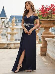 Cold Shoulder Rhinestone Detail Wrap Hem Bridesmaid Dress Formal Prom Dresses For Women - Royal Blue - View 5