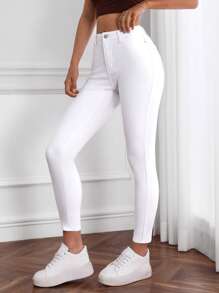 SHEIN Essnce 拉鍊 鈕扣 貼布 口袋純色女士牛仔褲 - 白色 - 查看 2