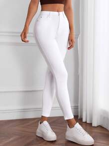 SHEIN Essnce 拉鍊 鈕扣 貼布 口袋純色女士牛仔褲 - 白色 - 查看 3