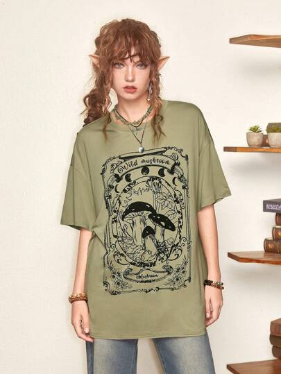 Fairycore Letter Mushroom Graphic Drop Shoulder Tee