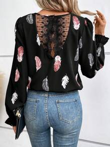SHEIN Frenchy 羽毛印花水溶蕾絲拼接喇叭袖襯衫 - 黑色 - 查看 4